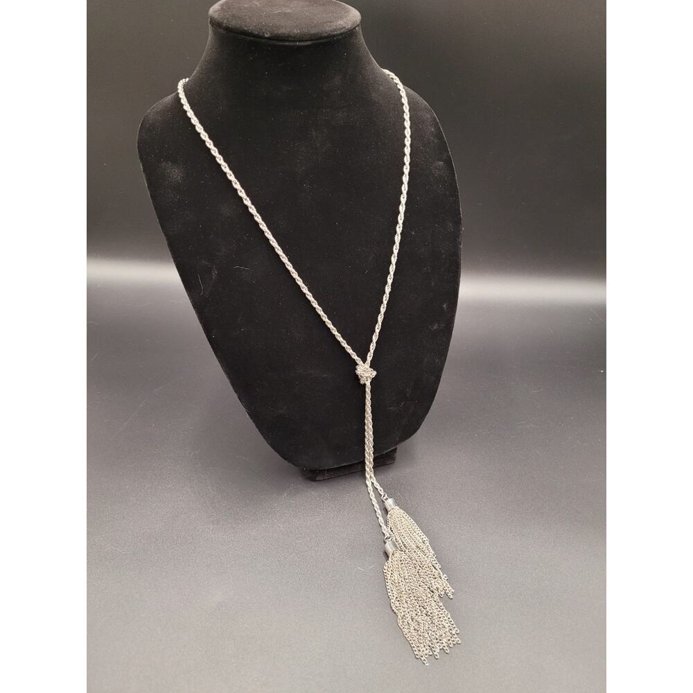 Vintage Boho Knotted Tassel Necklace Silver Tone Chain Long Extension Hippie